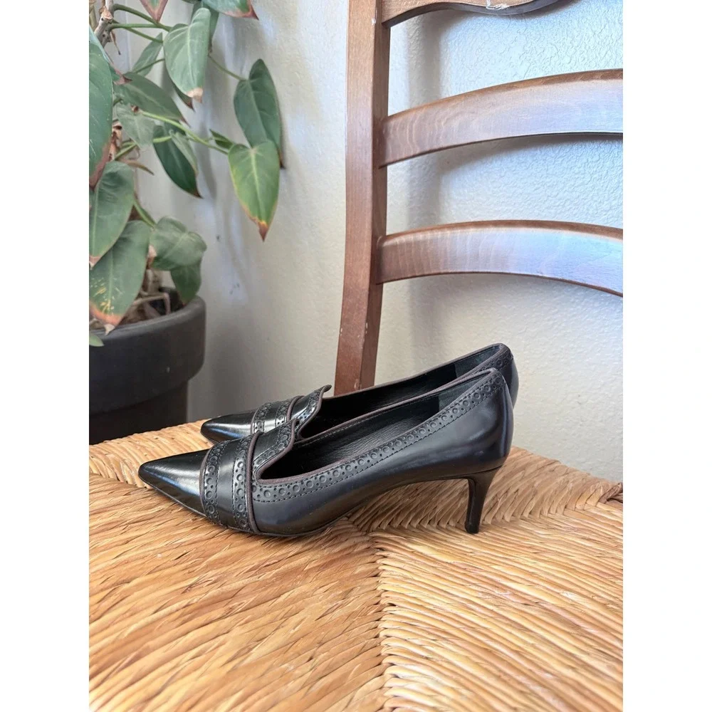 Tory Burch Black Leather Brogue Pointed Toe Kitten Heel Loafer Pumps Size 7M